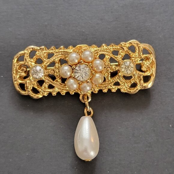 Vintage Gold-Tone Filigree Brooch With Faux Pearls & Rhinestones Drop Pendant - Picture 1 of 5